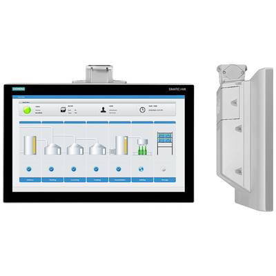 Display eines Siemens SIMATIC HMI mit Benutzeroberfläche für Prozesssteuerung, zeigt Symbole für verschiedene Produktionsphasen.