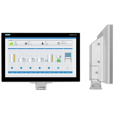 'Simatic HMI'-Bildschirm mit grafischer Benutzeroberfläche zur Überwachung eines Industrieprozesses, zeigt Tanks und Prozessstufen.