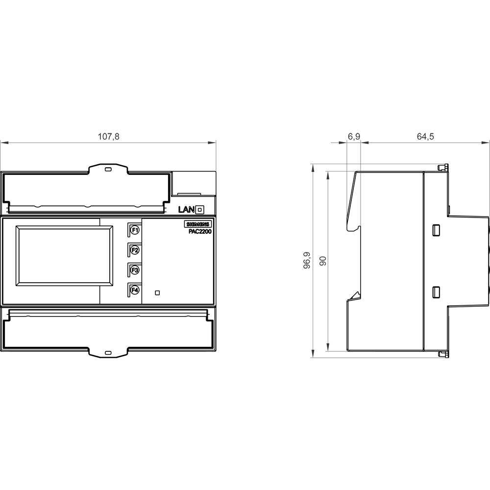 Technische Zeichnung eines Geräts, seitliche und frontale Ansicht, mit Maßen: Breite 107,8 mm, Tiefe 64,5 mm, Höhe 96,9 mm.