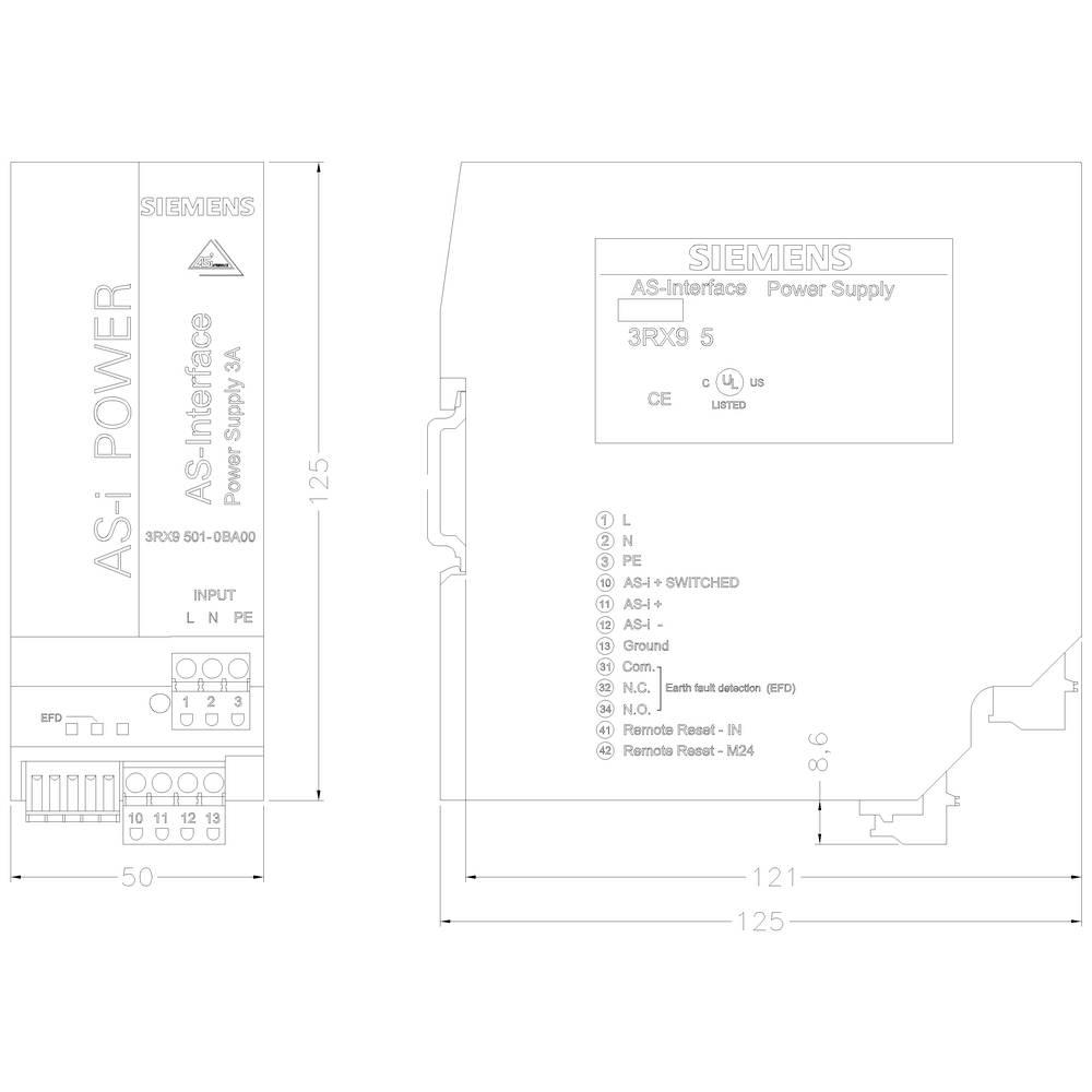 'Technische Zeichnung eines Siemens AS-Interface Power Supply 3RX9 505. Zeigt Anschlüsse, Maße und Schaltplan.'