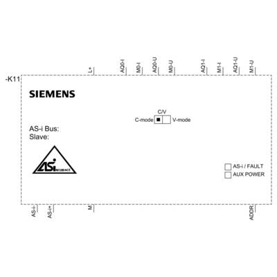 'Siemens' AS-i Bus Slave Modulschema mit Anschlüssen für AS-i, duale LEDs für Fehler- und Hilfsstromanzeigen auf der rechten Seite.