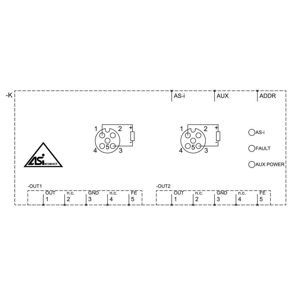 Diagramm einer AS-i Anschlusseinheit. Zeigt zwei runde Anschlussbuchsen, LED-Anzeigen für 'AS-i', 'FAULT', 'AUX POWER' und zugehörige Pin-Nummern.