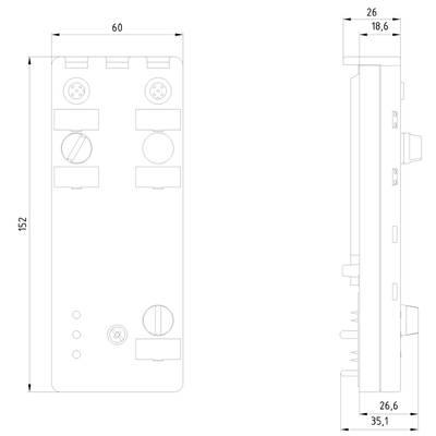Technische Zeichnung eines rechteckigen Metallteils mit Abmessungen 152x60 mm in der Vorderansicht und 26x18,6 mm in der Seitenansicht.