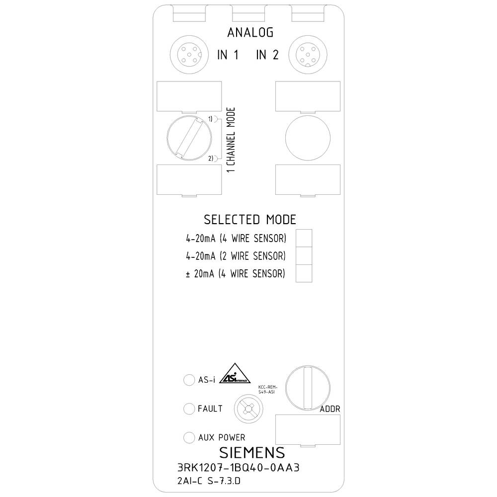 'Siemens'-Modul, zeigt Anschluss für analoge Signale: IN 1, IN 2. Modus-Auswahl: 4-20mA (4-Draht, 2-Draht). Fehler- und Leistungssymbol.