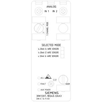 'Siemens'-Modul, zeigt Anschluss für analoge Signale: IN 1, IN 2. Modus-Auswahl: 4-20mA (4-Draht, 2-Draht). Fehler- und Leistungssymbol.