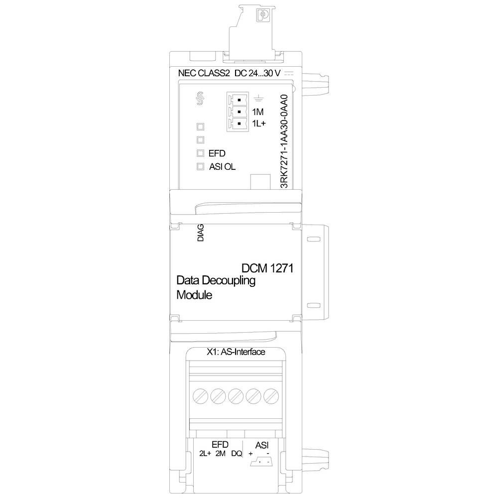 Ein Elektronikmodul mit der Beschriftung 'DCM 1271 Data Decoupling Module', zeigt Anschlüsse und Statusanzeigen.