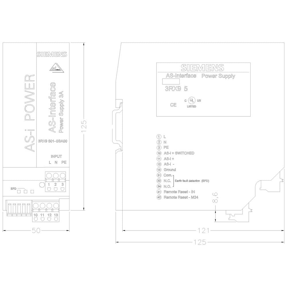 'Technische Zeichnung eines Siemens AS-Interface Netzteils, Typ 3RQ9. Beschriftungen für Anschlüsse und Maße in Millimetern angegeben.'
