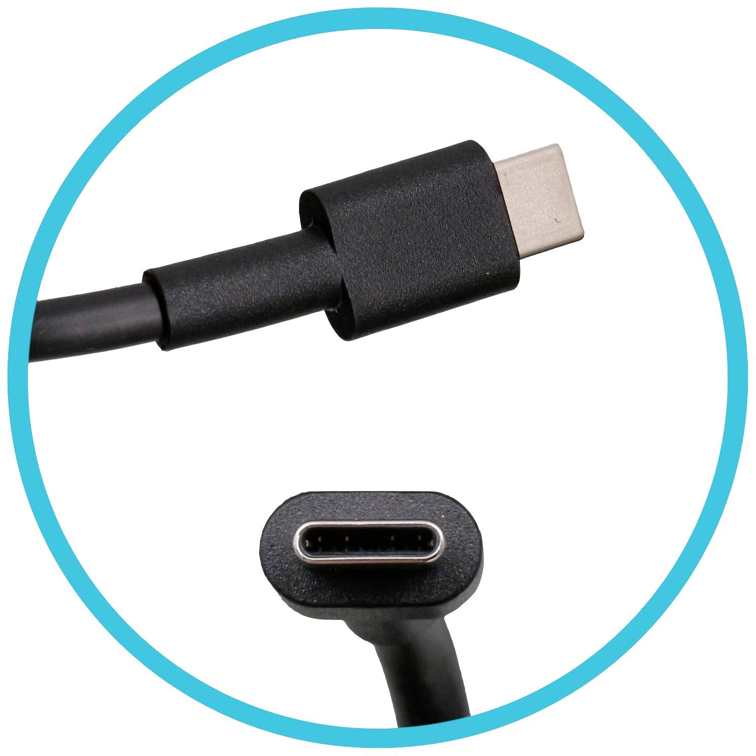Ein schwarzes USB-C-Kabel, Ansicht von Stecker und Buchse; geeignet für Lade- und Datenübertragungen.