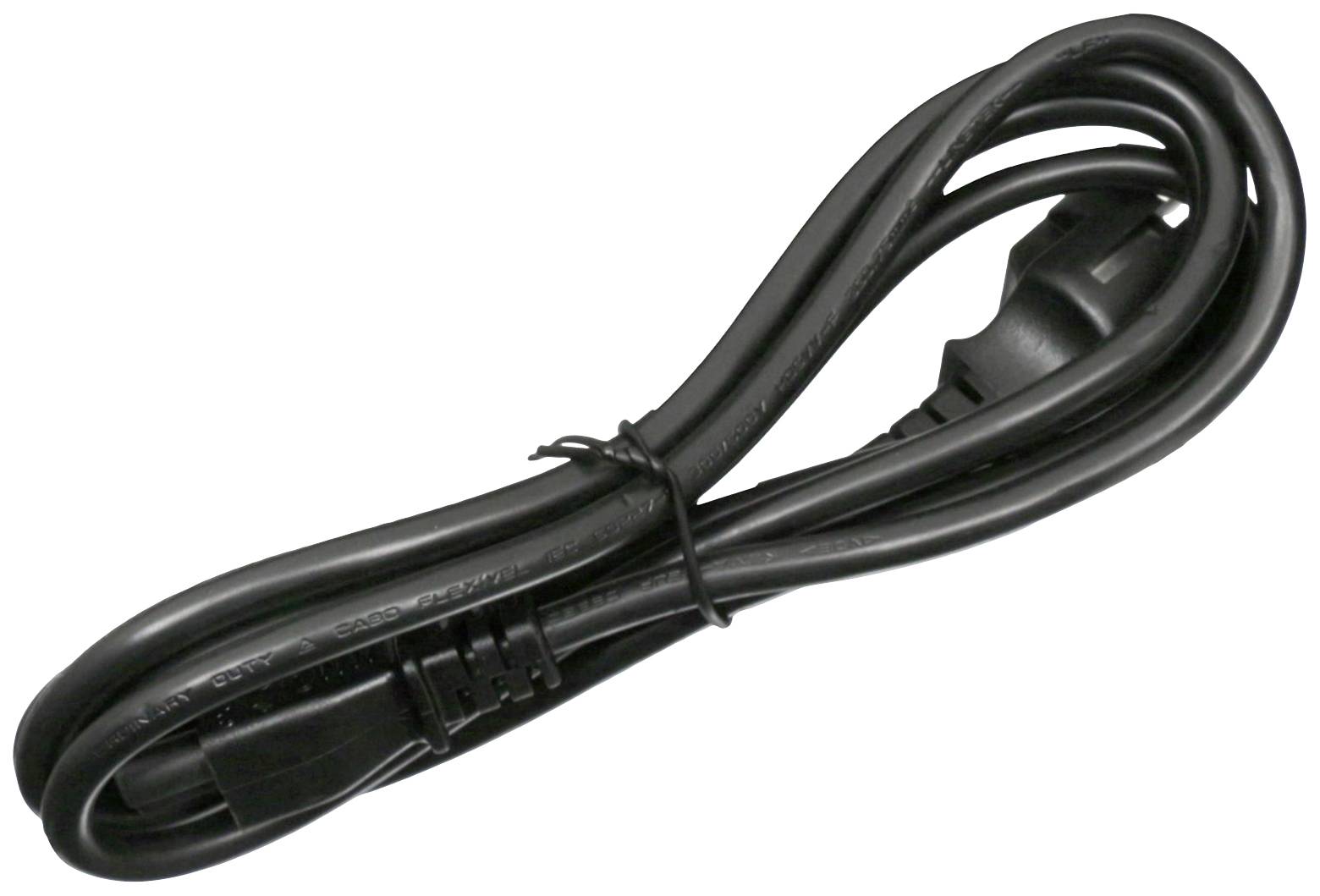 Ein schwarzes Netzkabel, sorgfältig zusammengerollt und mit Kabelbinder fixiert.