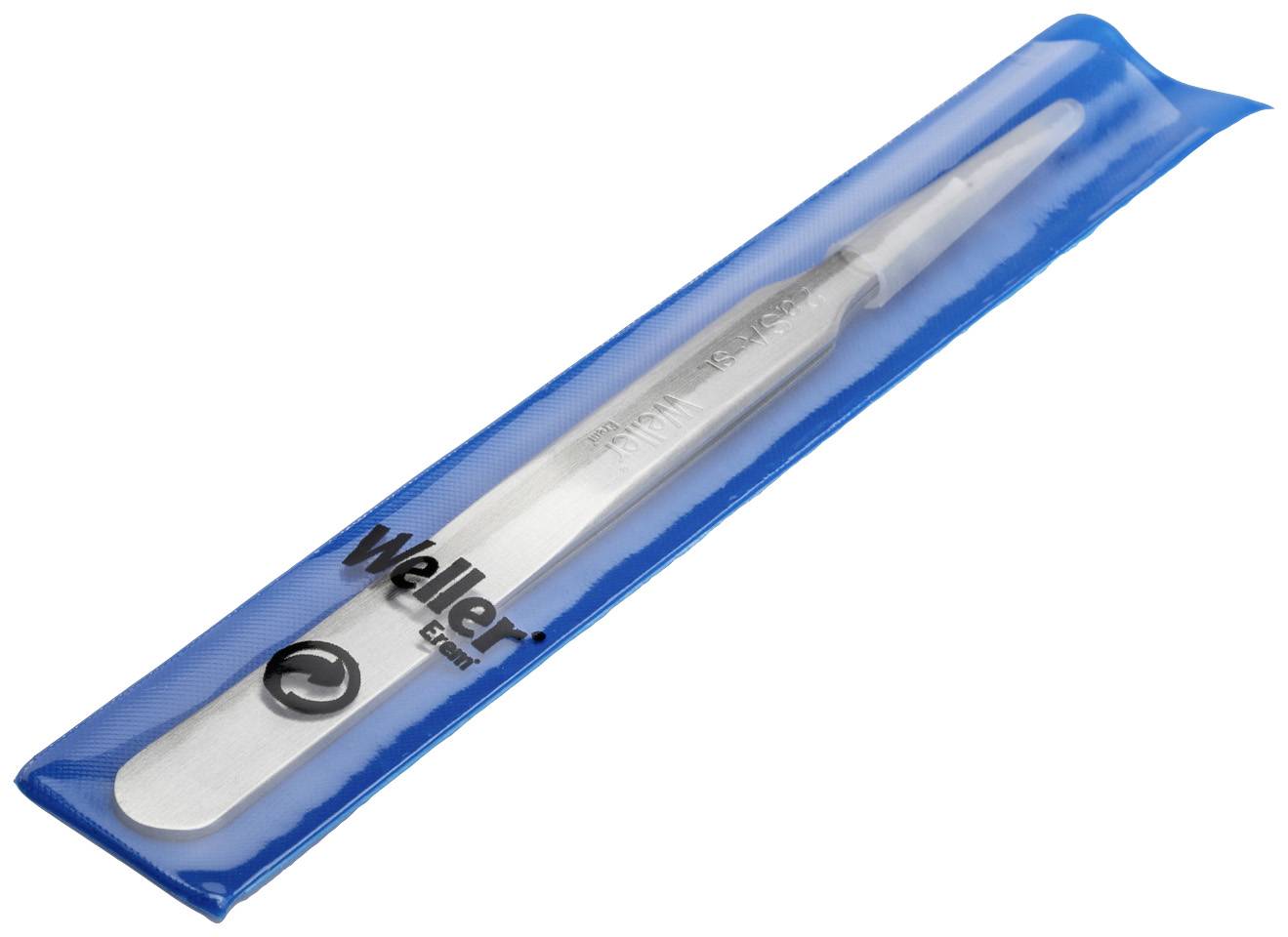 Metallpinzette in einer blauen Verpackung, Marke 'Weller'.