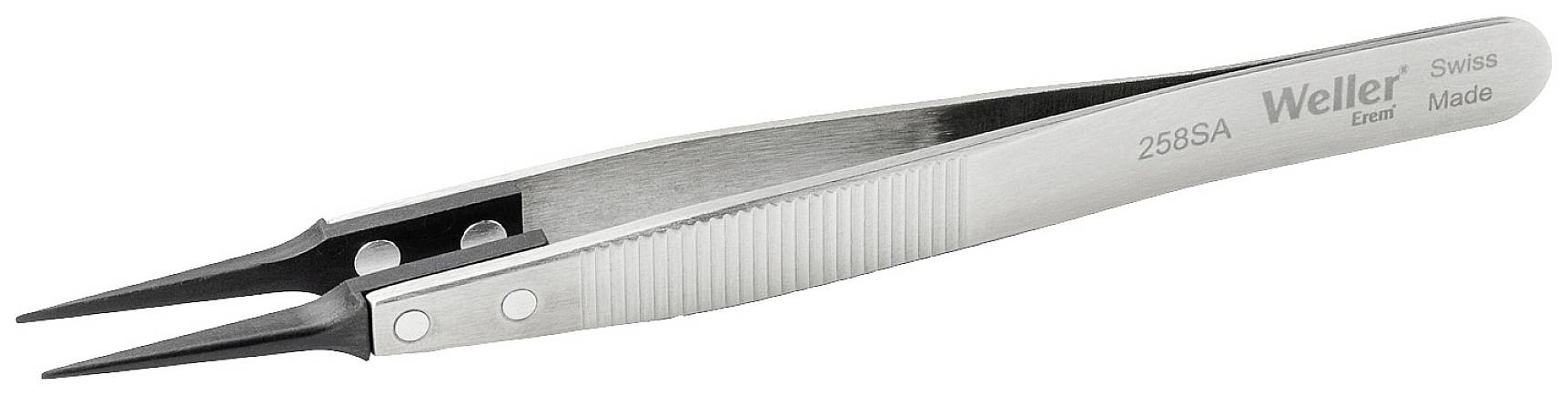 Metallpinzette von Weller mit feiner, spitzer Spitze, geeignet für präzise Arbeiten. Auf der Seite sind Markierungen und der Name 'Weller' sichtbar.