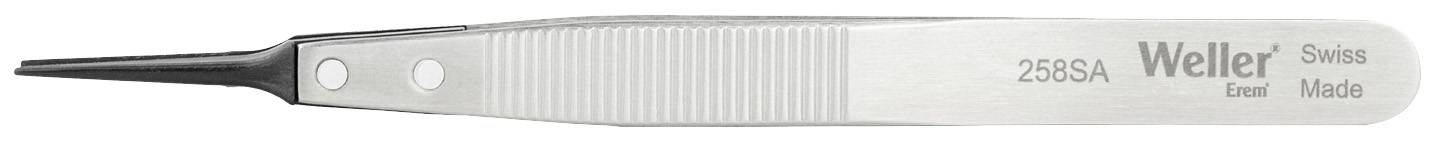 Eine Präzisionspinzette mit der Aufschrift 'Weller 2AS-SA Swiss Made' auf der rechten Seite. Sie hat spitze, schwarze Enden.