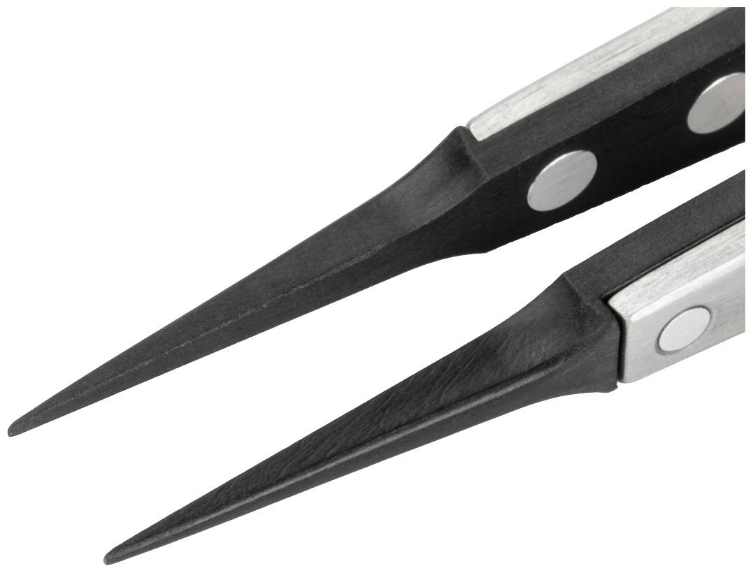 Zwei schwarze, spitze Pinzetten mit silbernen Details liegen nebeneinander.
