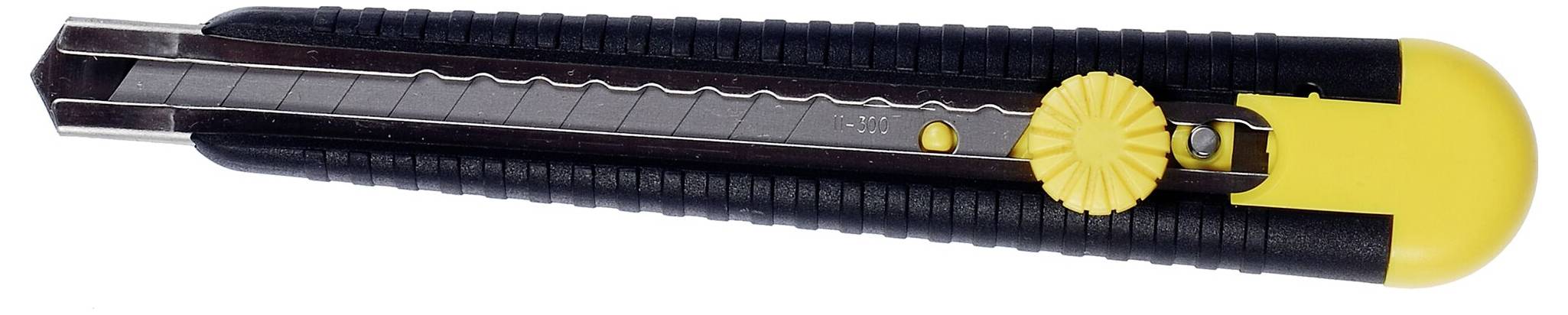 Ein gelber und schwarzer Cutter-Messer mit ausziehbarer Klinge, geeignet zum Schneiden von Papier oder Karton.