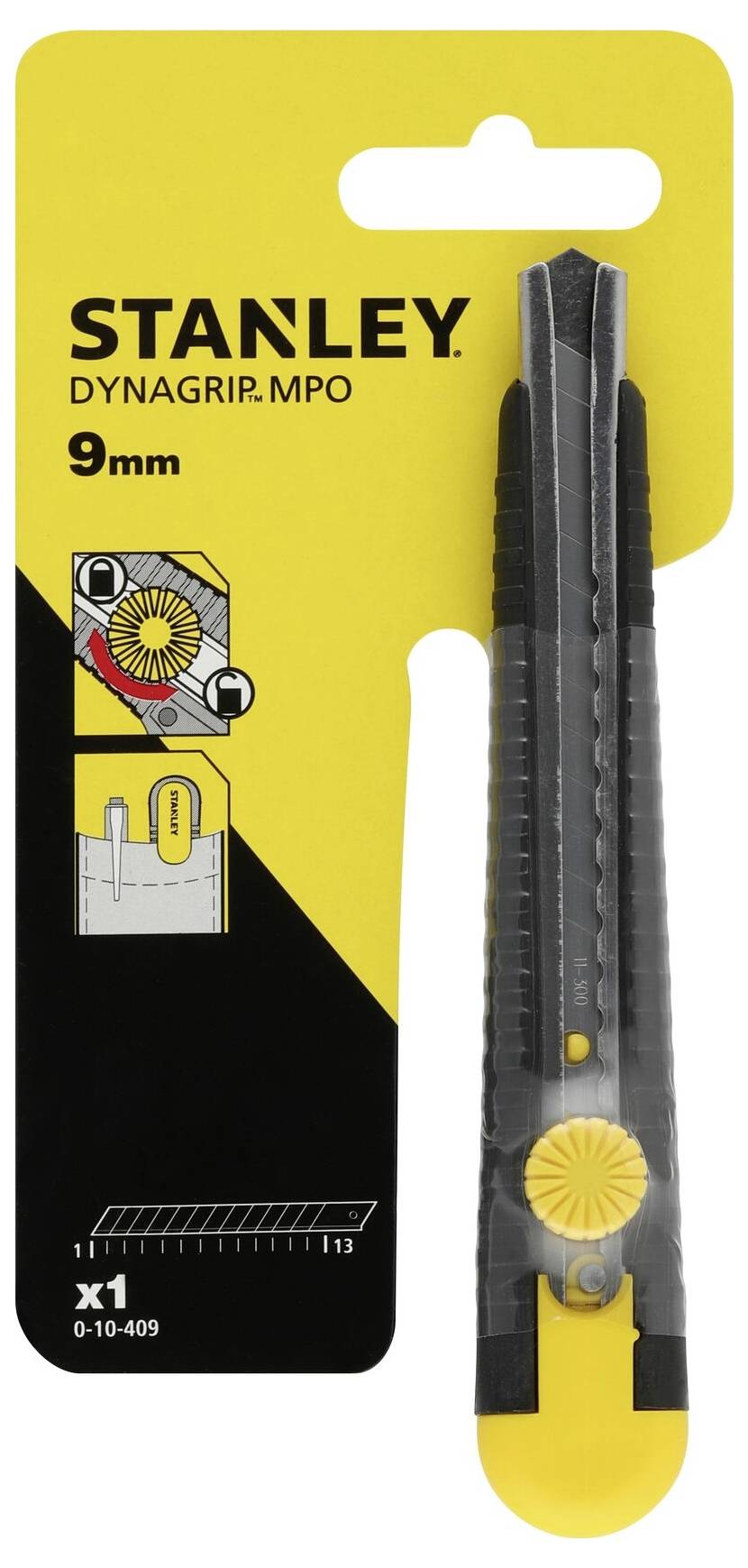 Verpackung eines STANLEY DYNAGRIP.MPO Cuttermessers, 9 mm. Darstellung zeigt das Messer und Anweisungen zum Einlegen der Klinge.