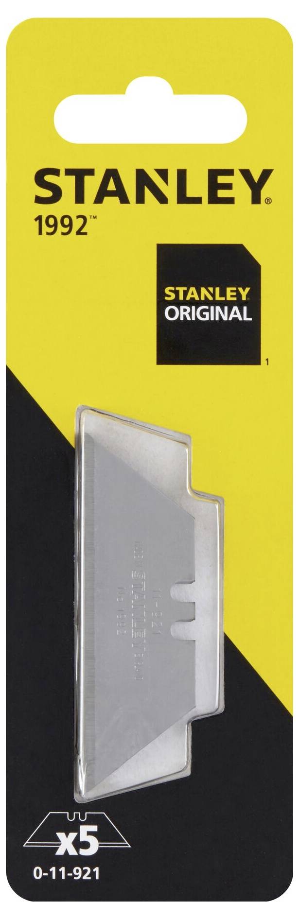 Eine Verpackung mit fünf Ersatzklingen von Stanley, Modell 1992. Die Verpackung ist schwarz-gelb, mit dem Stanley-Logo oben.