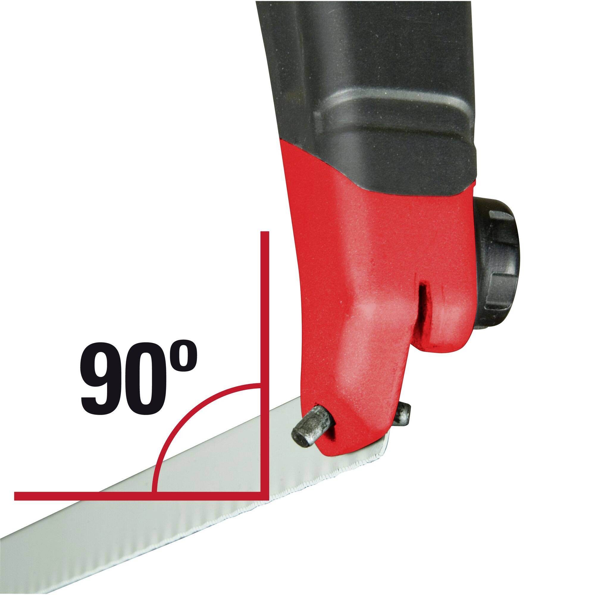 Eine rote und schwarze Säge mit einem Winkel von 90 Grad im Bild.