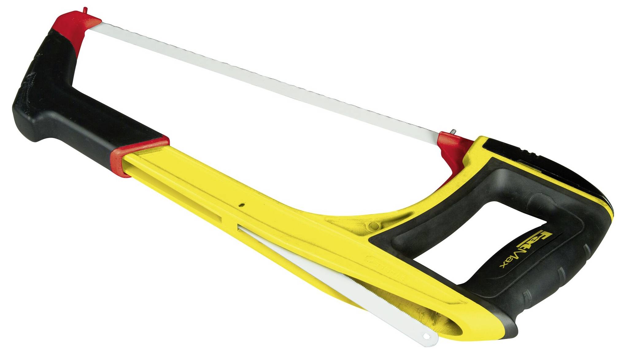 Eine gelbe Metallsäge mit schwarzem Griff, geeignet zum Schneiden von Metall und Kunststoff.