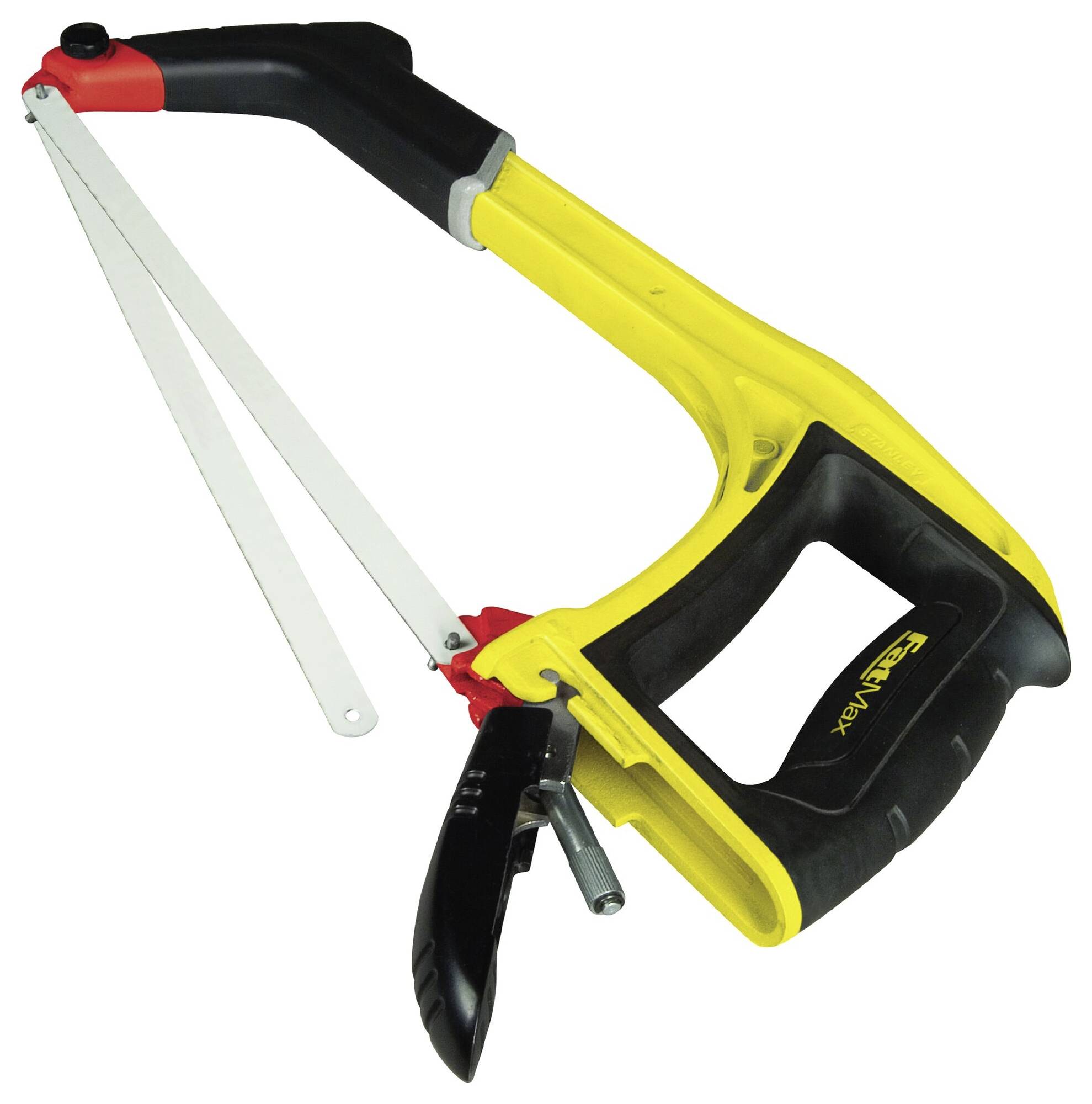 Metallsäge mit gelbem Griff und schwarzem ergonomischen Griff. Die Säge hat ein austauschbares Sägeblatt und ist für präzise Schnitte.