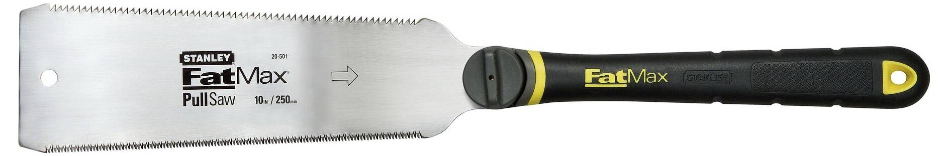 Handzugsäge 'Stanley FatMax' mit schwarzem Griff und gelber Markierung, Klinge zeigt nach rechts, Schärfzähne sichtbar.