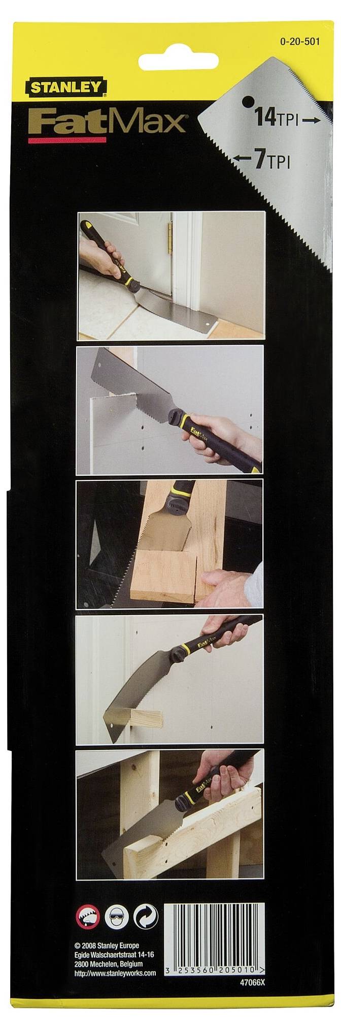 'Stanley FatMax'-Verpackung zeigt Handsäge-Anwendung: Schneiden durch Holz, Winkelschnitte und Details zur Zahnung (14 TPI, 7 TPI).