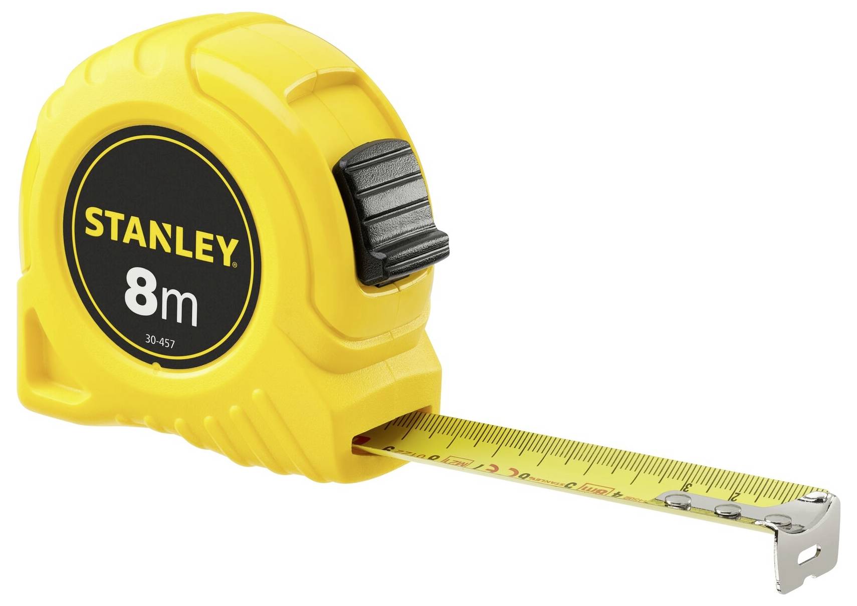Gelbes Maßband mit schwarzem Griff, ausgezogen auf rund 30 cm; Aufschrift 'STANLEY 8m'.