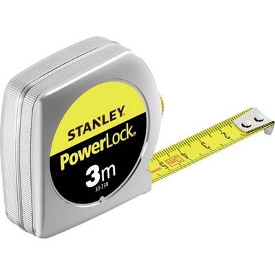 Maßband in silberner und gelber Hülle, Marke 'Stanley PowerLock', zeigt eine Länge von 3 Metern auf ausgerolltem gelben Band.