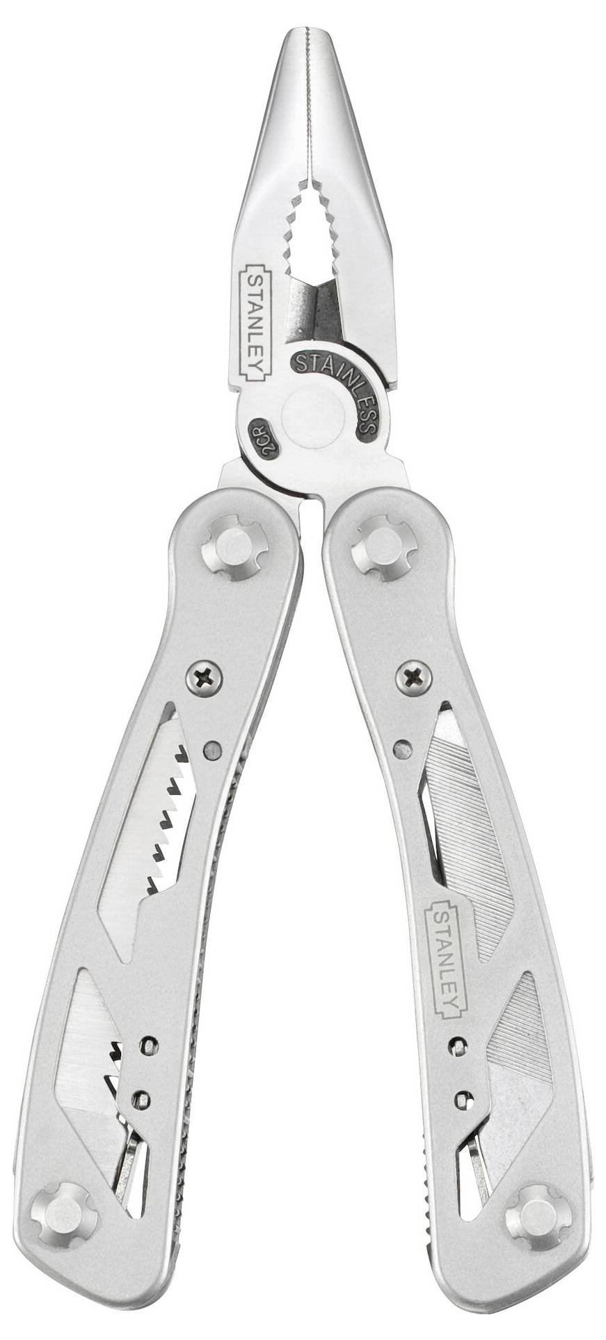 Multifunktionswerkzeug mit Zange und integriertem Messer, Schraubenschlüssel und Schraubendreher, robustes Design, silberfarbig.