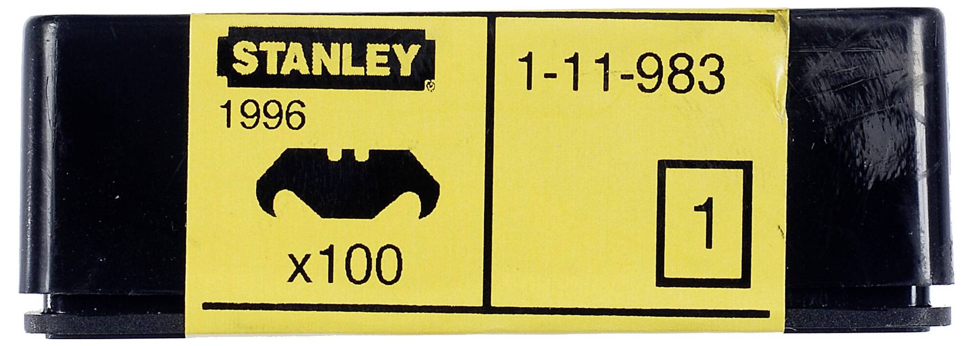 'Stanley 1996' auf gelbem Etikett, zeigt eine Packung mit 100 Klingen (1-11-983), symbolisiert durch ein stilisiertes Fledermausbild.