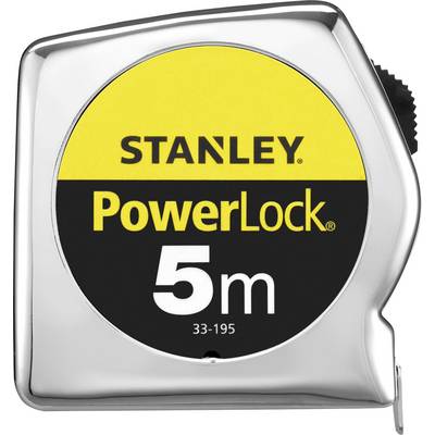 Maßband mit gelbem und schwarzem Etikett, Aufschrift 'STANLEY PowerLock 5m'.