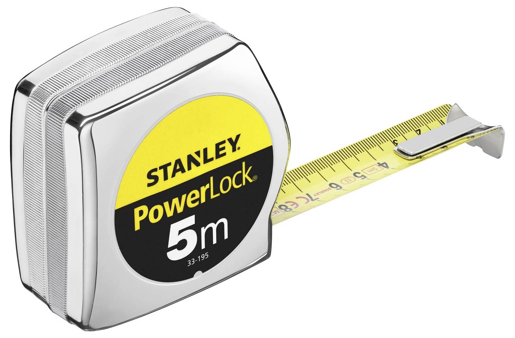 Maßband, Marke Stanley, Modell PowerLock, Länge 5 Meter, silbernes Gehäuse mit gelbem Etikett und ausgezogener Messskala.