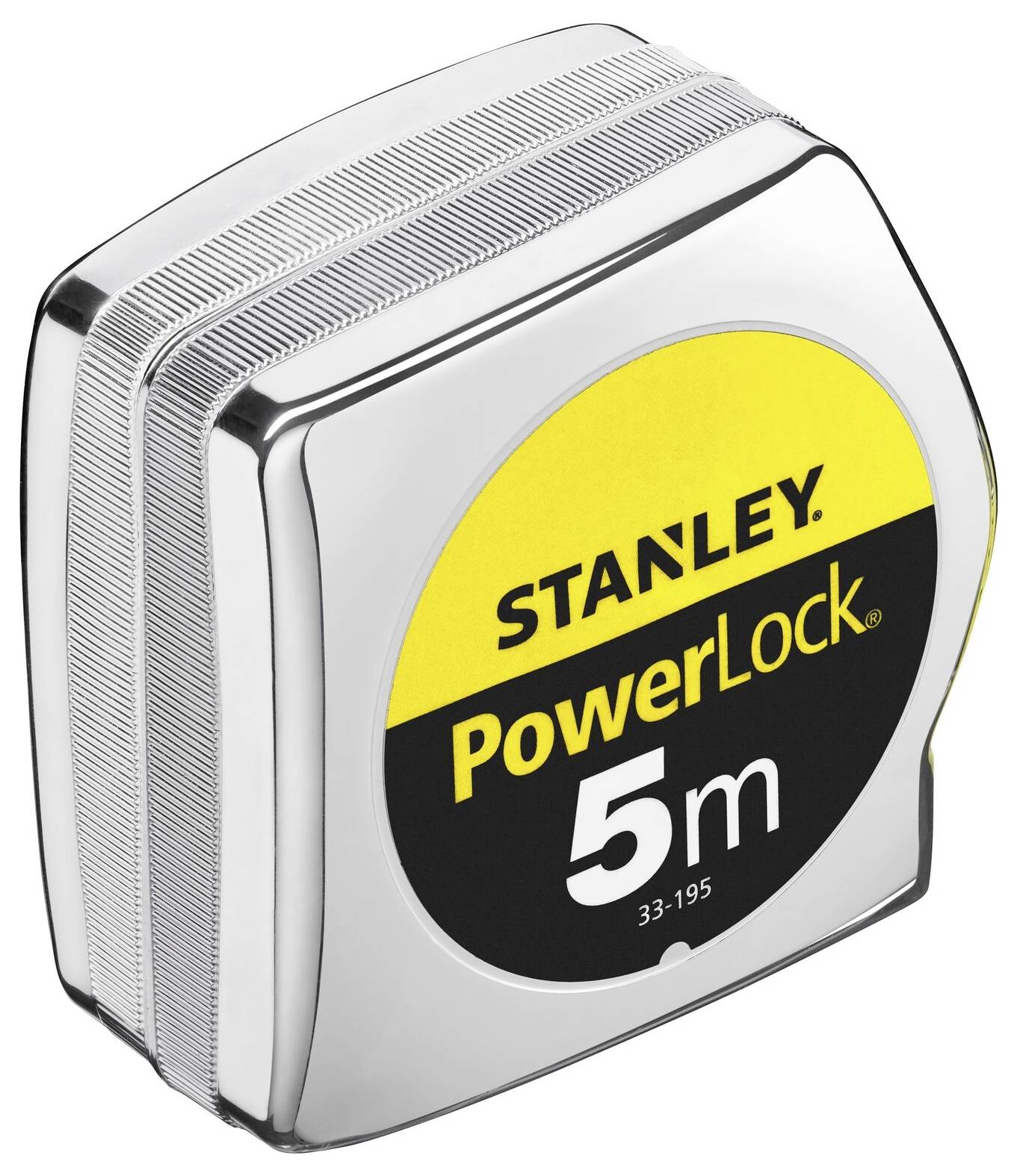 Ein silberfarbenes Maßband mit gelbem und schwarzem Etikett trägt die Aufschrift 'STANLEY PowerLock 5m'.