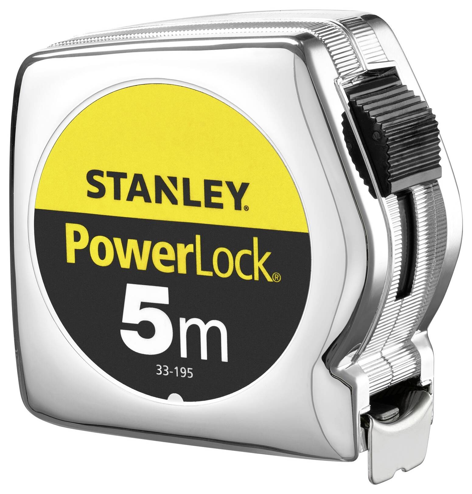 Ein verchromtes Maßband mit gelbem Etikett, auf dem 'Stanley PowerLock 5m' steht. Ideal für genaues Messen bis zu 5 Meter.