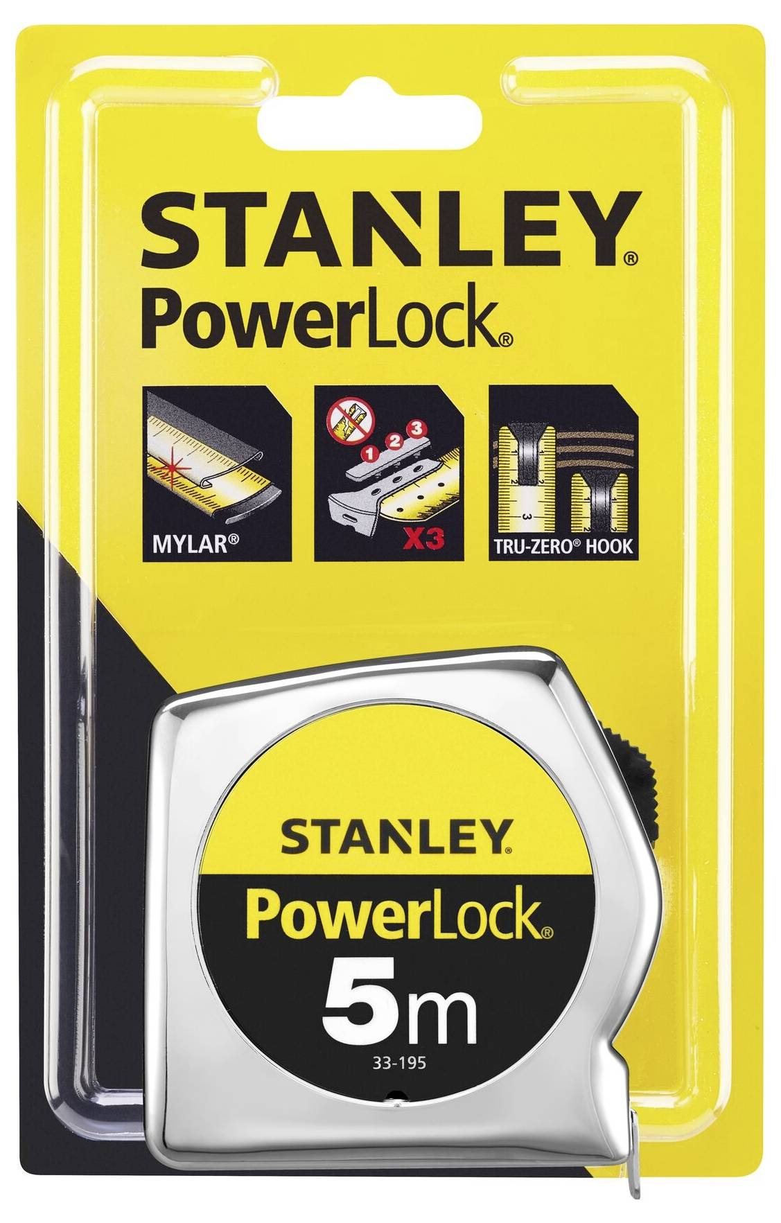 Ein Maßband der Marke Stanley, Modell PowerLock, mit einer Länge von 5 Metern in einer gelben Verpackung.