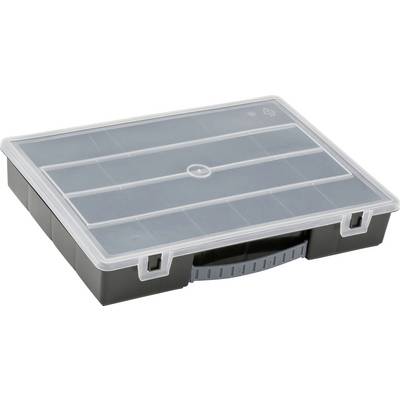 Graue Aufbewahrungsbox mit transparentem Deckel und Tragegriff, zur Organisation von kleinen Gegenständen.