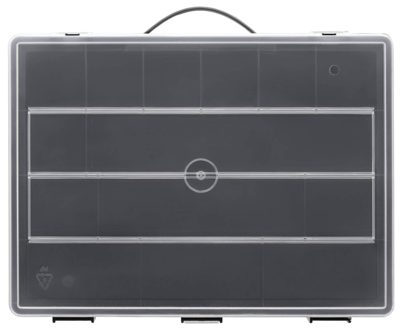 Ein leerer, transparenter Koffer mit schwarzem Griff. Der Koffer hat mehrere vertikale und horizontale Unterteilungen auf der Vorderseite.