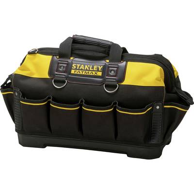 Eine schwarz-gelbe Werkzeugtasche mit mehreren Außentaschen und robusten Griffen, markiert mit 'Stanley Fatmax'.