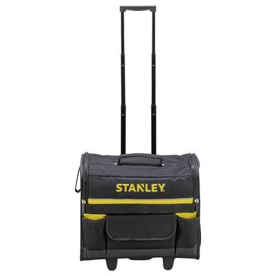 Schwarze Rollentasche mit gelbem 'Stanley'-Logo und ausziehbarem Griff. Sie hat mehrere Taschen für Werkzeuge.