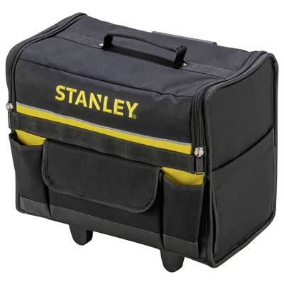 Eine schwarze Werkzeugtasche mit gelbem 'STANLEY'-Logo, mehreren Fächern und einem Tragegriff. Sie steht auf zwei Bodenrollen.