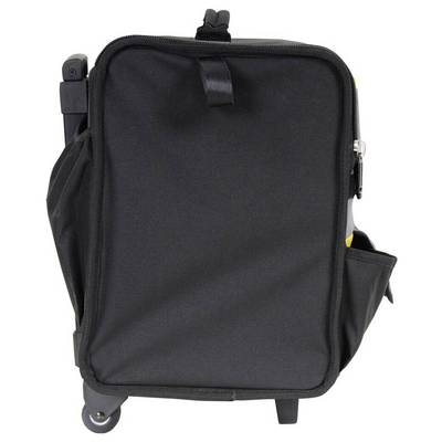 Schwarze, rechteckige Tasche mit Rollen und Seitenfächern, geschlossen, steht aufrecht.