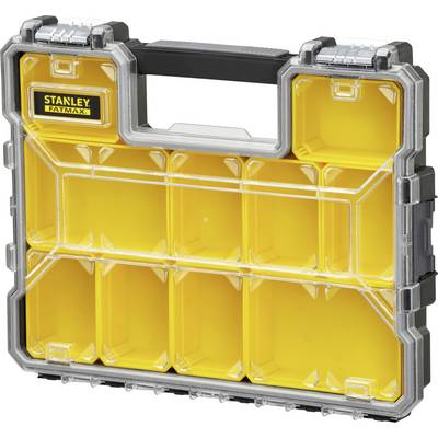 Eine leere, gelbe Werkzeugbox mit mehreren transparenten Fächern.
