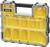 Eine leere, gelbe Werkzeugbox mit mehreren transparenten Fächern.