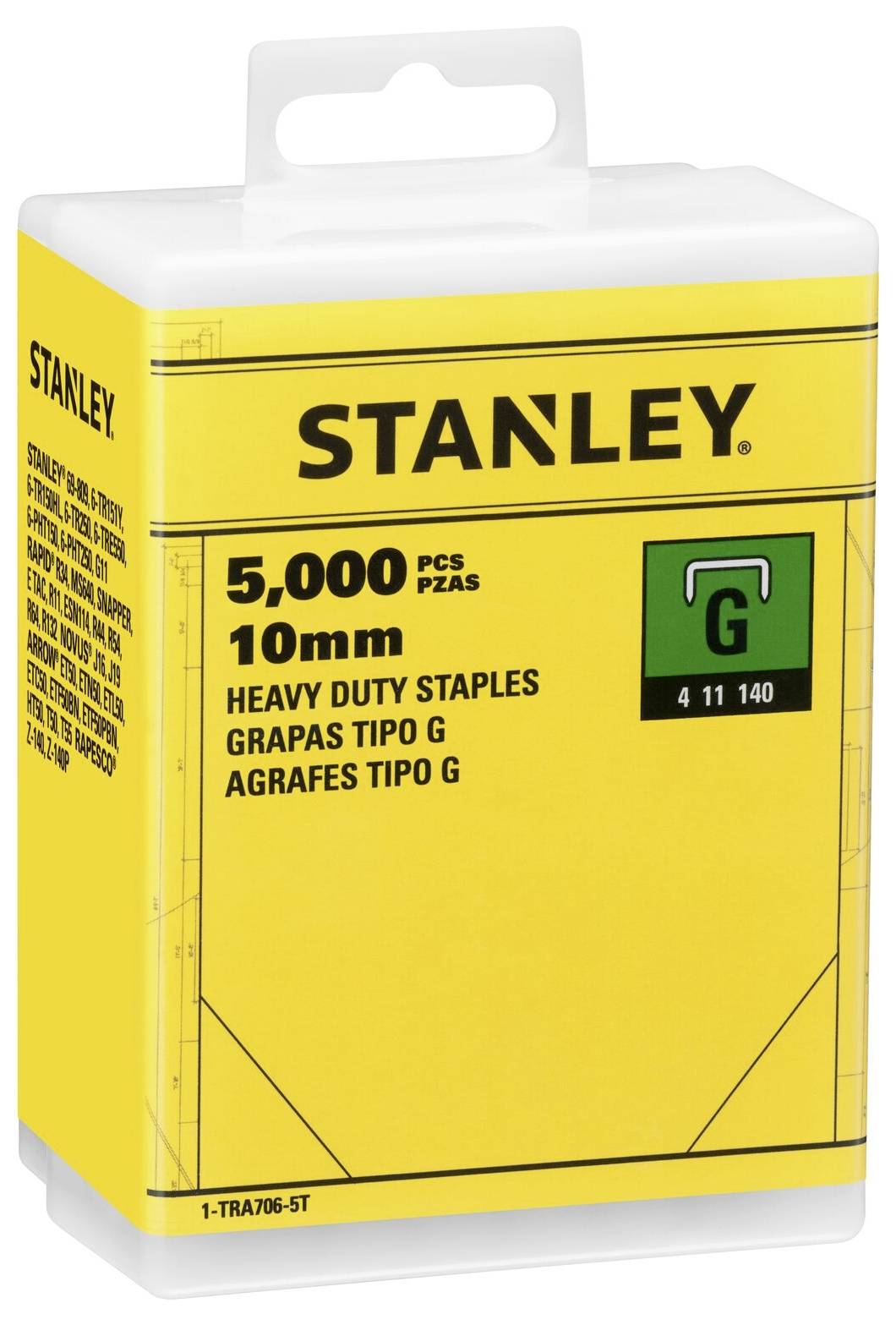 Gelbe Verpackung mit 'STANLEY' Logo. Enthält 5.000 schwere Heftklammern, 10 mm, Typ G, angezeigt durch grünes Symbol.