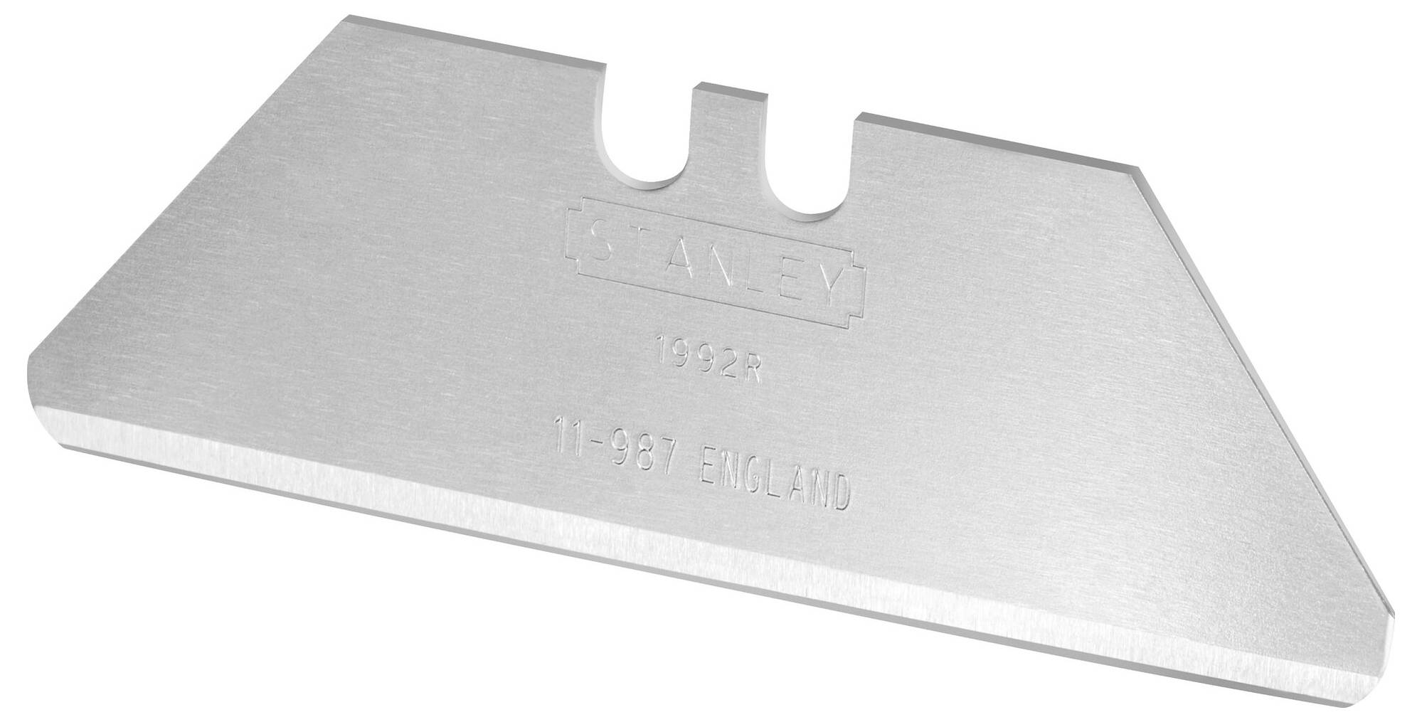 Ein silbernes Universalmesser-Klingenblatt aus Metall, verwendet für Schneidzwecke, mit Gravuren der Marke und Herstellungsdetails.