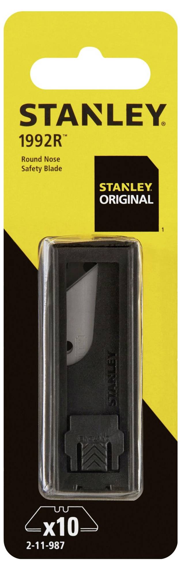 Klinge in Verpackung auf gelbem Hintergrund, mit Aufschrift 'STANLEY 1992R' und 'STANLEY ORIGINAL'. Zehn runde Sicherheitsschneidklingen.