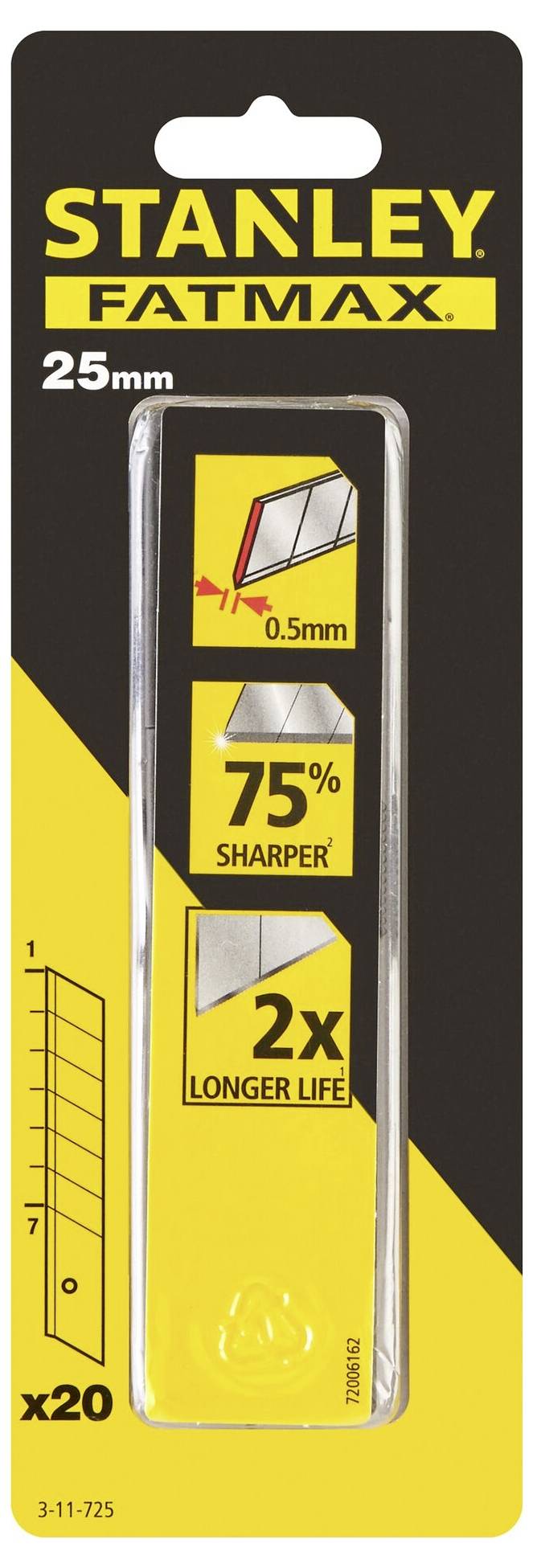 Verpackung mit Ersatzklingen 'Stanley Fatmax 25mm'. Beschriftet: '75% schärfer', '2x längere Lebensdauer'. Enthält 20 Klingen.