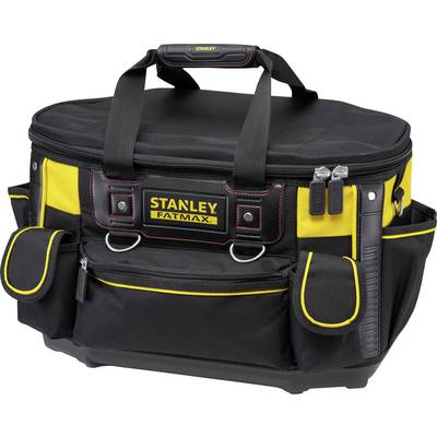 Schwarze und gelbe Werkzeugtasche mit 'STANLEY FATMAX'-Logo, mehreren Außenfächern und robusten Trageriemen.