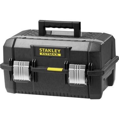 Schwarzer Werkzeugkasten mit gelbem 'STANLEY FATMAX'-Logo, Tragegriff oben, zwei silberne Verschlüsse vorne.