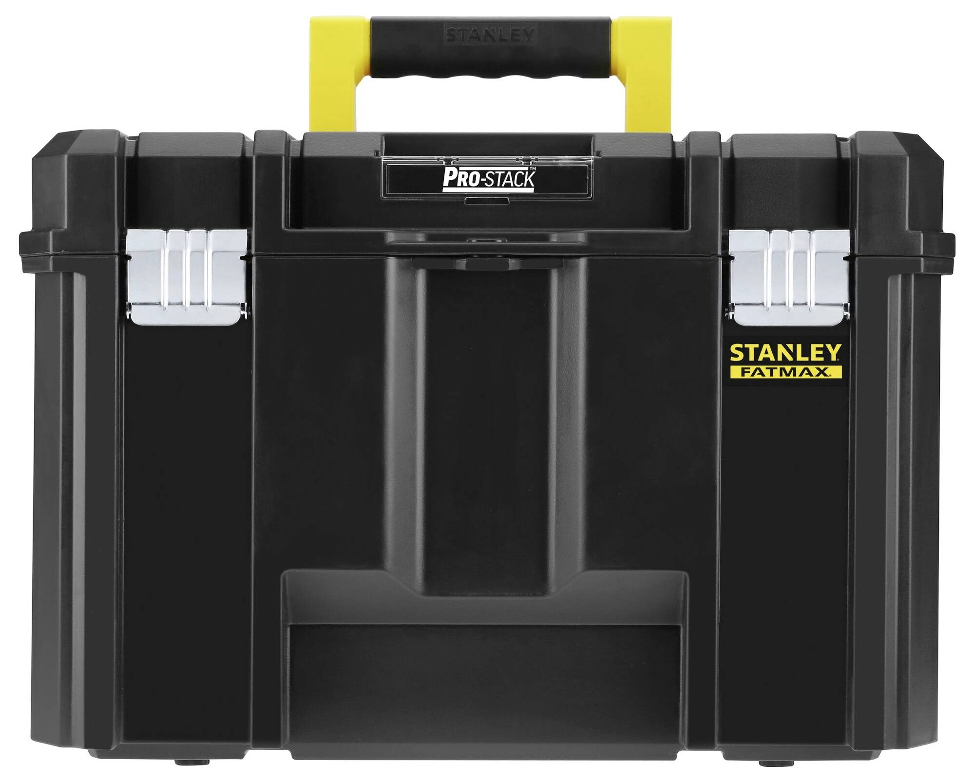 Schwarzer Werkzeugkasten mit gelbem Griff und silbernen Verschlüssen, Marke 'Stanley FatMax', robustes Design für den professionellen Einsatz.