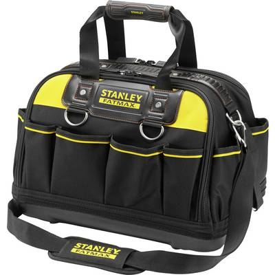 Eine schwarze Werkzeugtasche mit gelben Akzenten und dem Logo 'Stanley Fatmax'. Mehrere Außentaschen und ein verstellbarer Schultergurt sind sichtbar.